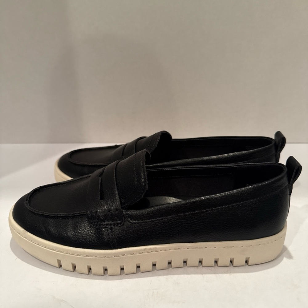 Anne Klein Black Leather Penny Loafers with Cream Platform Soles